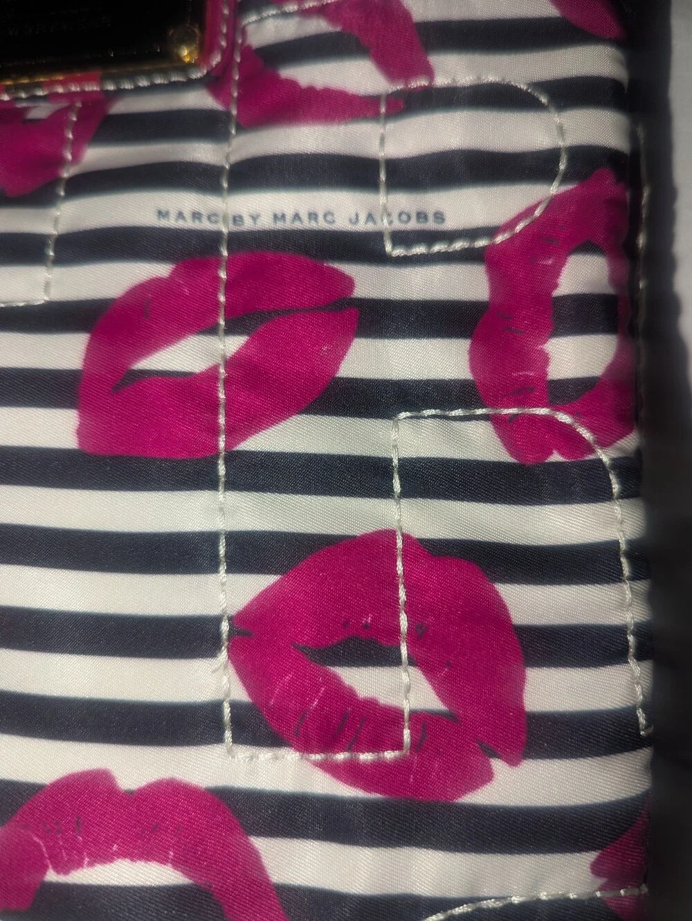 Marc by Marc Jacobs Navy and White Stripe Tech Sleeve with Pink Lip Print